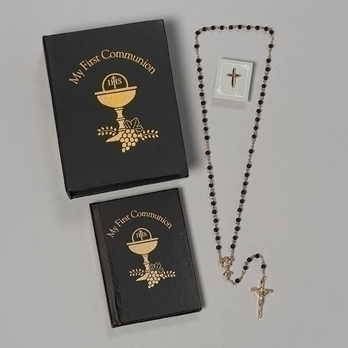 4PC BLACK/GOLD COMMUNION SET FOLDER W/ROSARY, BOOK, PIN