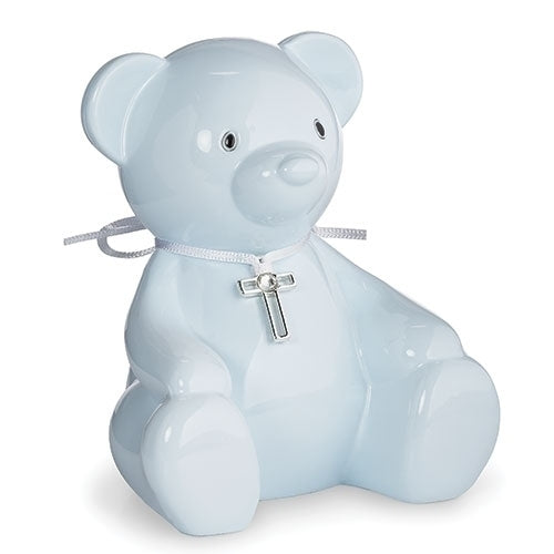 4.25"H BLUE BEAR BANK W/CROSS CHARM, CAROLINE COLLECTION