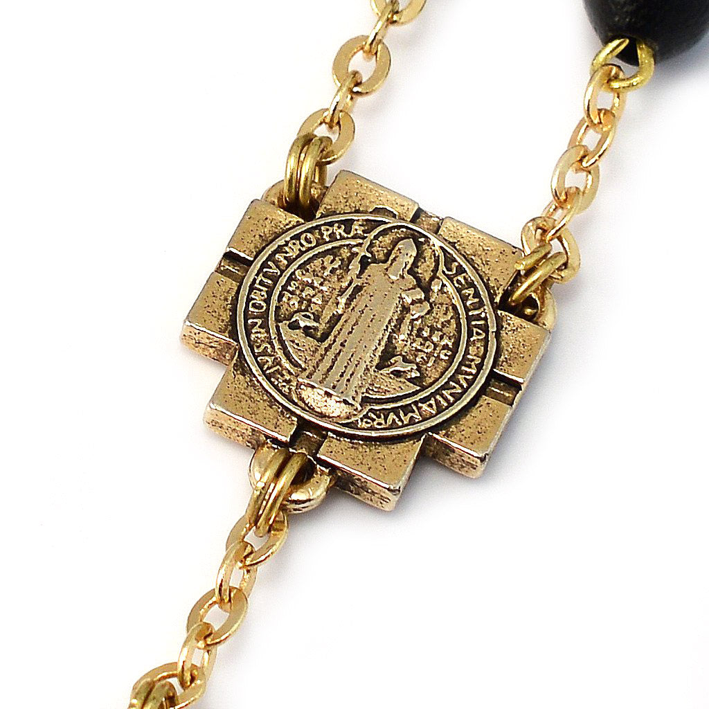 GHIRELLI - SAINT BENEDICT ROSARY WITH BLACK ITALIAN WOOD & GOLD