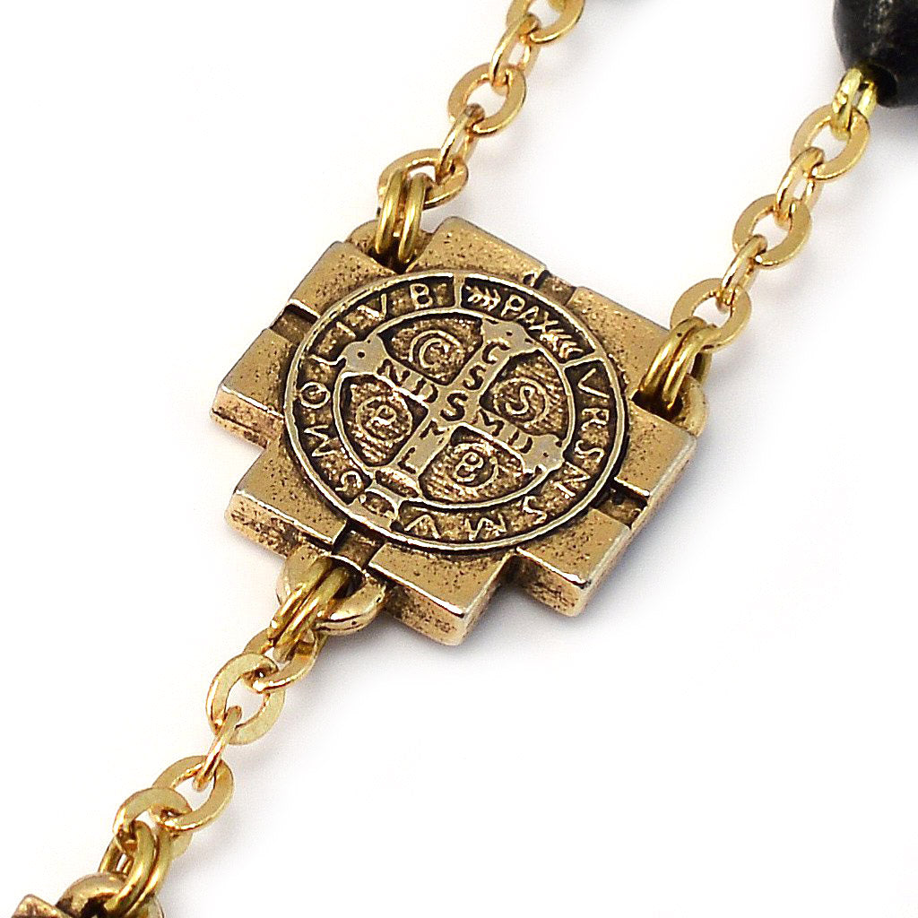 GHIRELLI - SAINT BENEDICT ROSARY WITH BLACK ITALIAN WOOD & GOLD