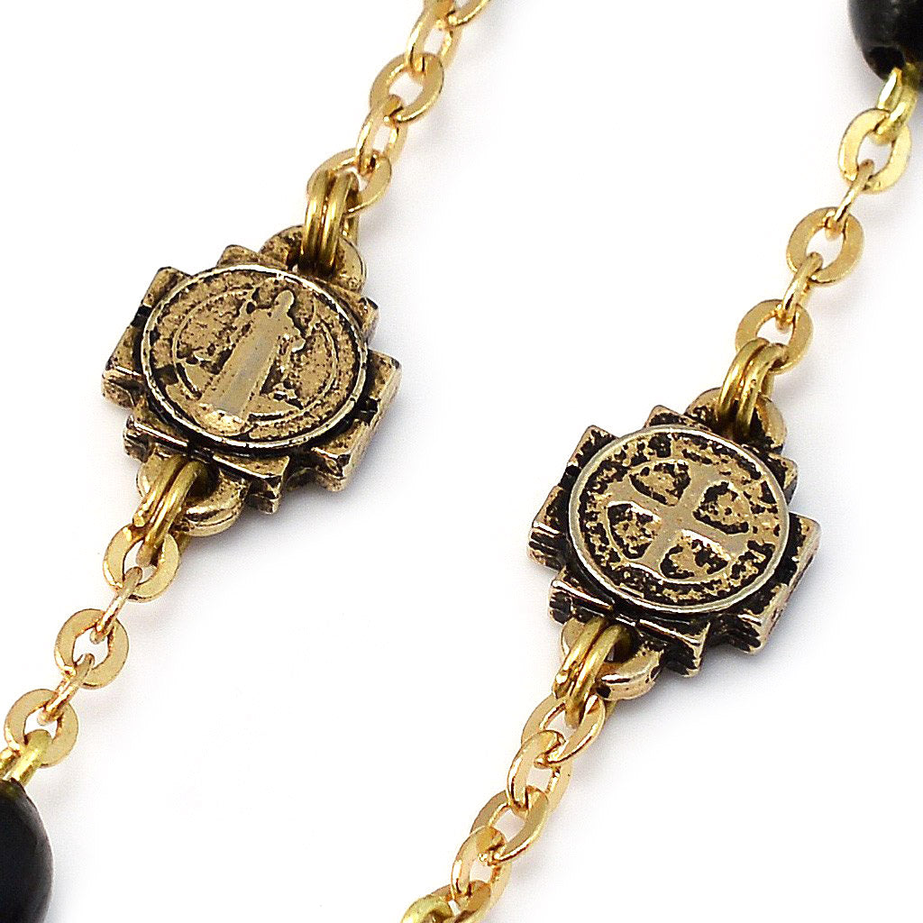 GHIRELLI - SAINT BENEDICT ROSARY WITH BLACK ITALIAN WOOD & GOLD