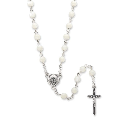 12.75"L WHITE MOTHER OF PEARL BAPTISM ROSARY IN GIFT BOX