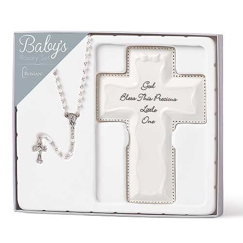 6.25"H WHITE CROSS AND ROSARY SET