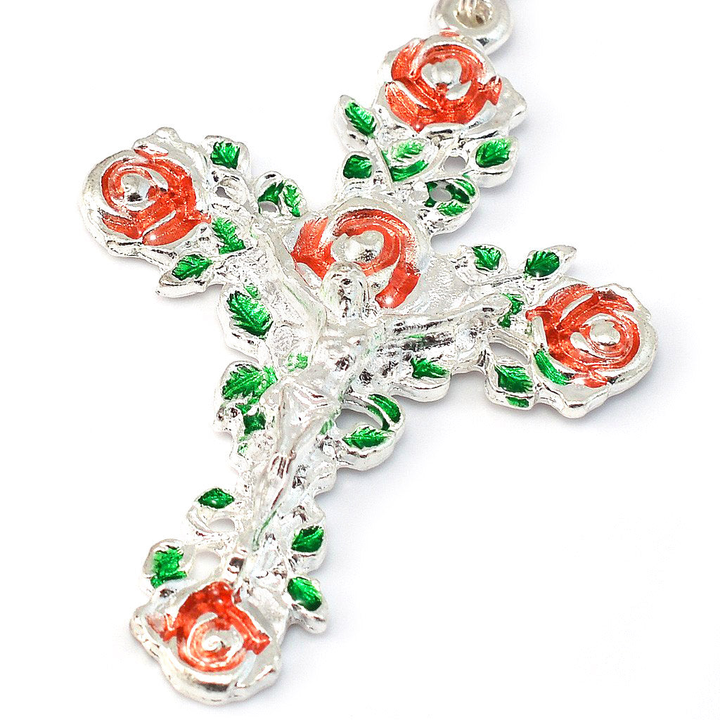 GHIRELLI - LOURDES ROSES & SAINT BERNADETTE PEARL, SILVER & ENAMELED ROSARY