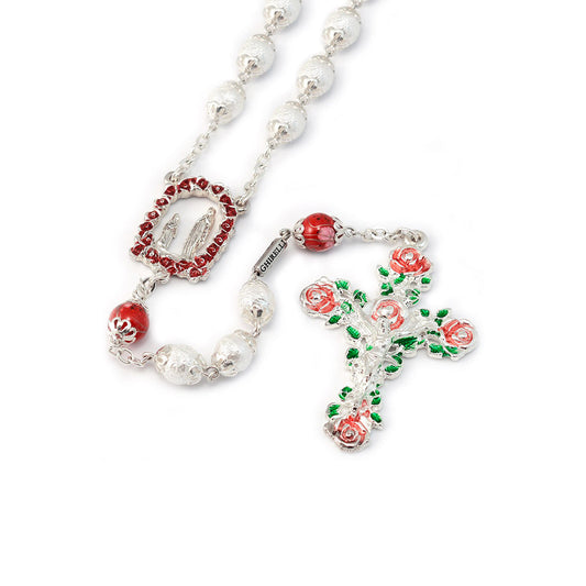 GHIRELLI - LOURDES ROSES & SAINT BERNADETTE PEARL, SILVER & ENAMELED ROSARY