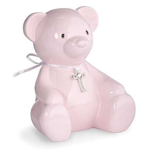 4.25"H PINK BEAR BANK W/CROSS CHARM, CAROLINE COLLECTION