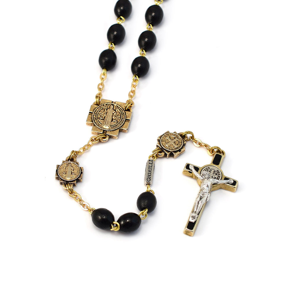 GHIRELLI - SAINT BENEDICT ROSARY WITH BLACK ITALIAN WOOD & GOLD