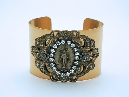 Vintage Style Cuff Bracelet, Miraculous Medal, Clear Swarovski Crystals