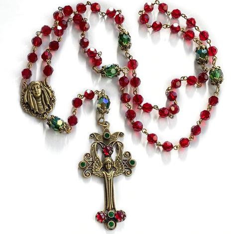 Angel Christmas Rosary Garnet and Emerald Crystal Beads