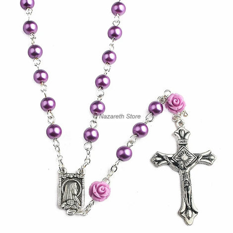 Nazareth Stone Purple Rosary With Pearl Beads and Roses