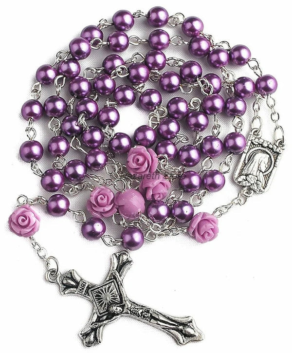 Nazareth Stone Purple Rosary With Pearl Beads and Roses