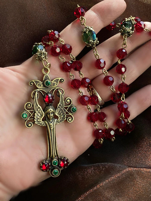 Angel Christmas Rosary Garnet and Emerald Crystal Beads