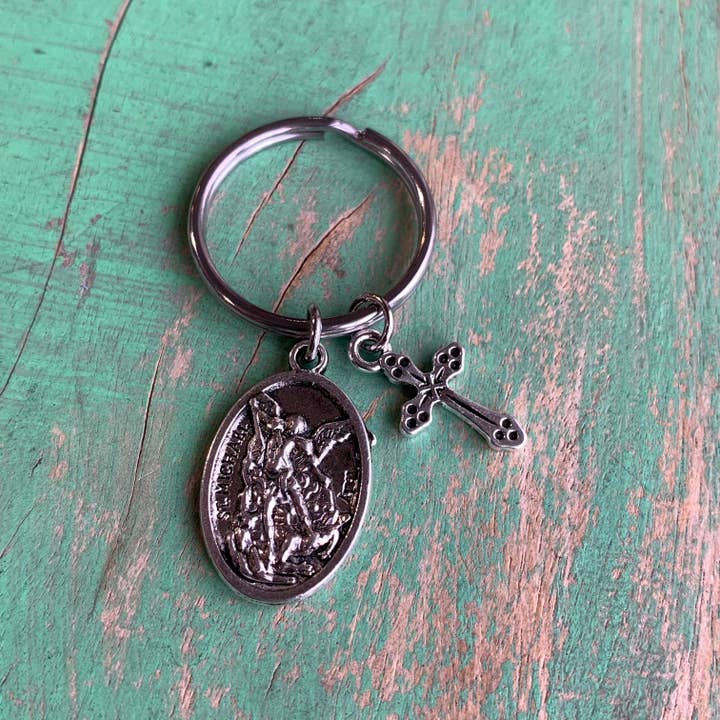 St Michael/Guardian Angel and Cross Keychain