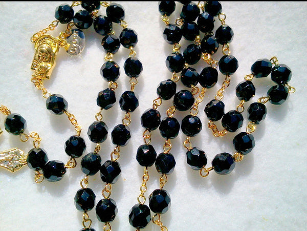 Opaque Black Crystal Rosary with 18K Gold Plated Crucifix