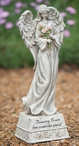 14"H MEMORIAL GARDEN ANGEL W/FLOWERS; AMAZING GRACE