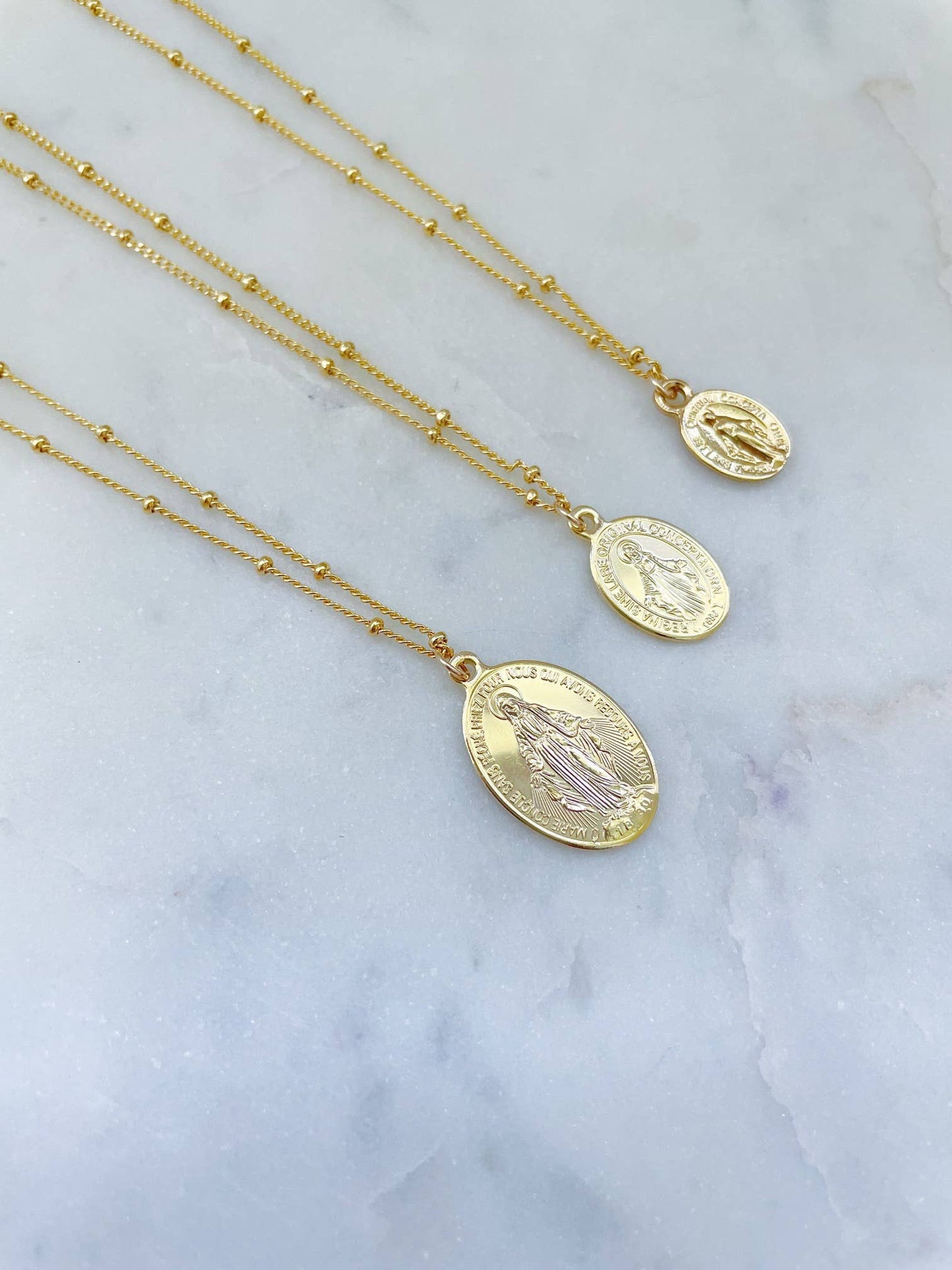 Gold Virgin Mary Necklace, Religious Jewelry Satellite Chain