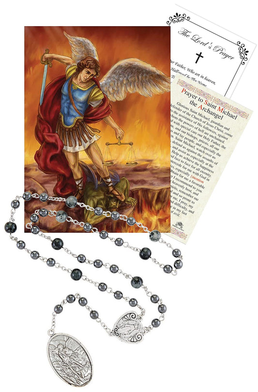 St Michael Rosary with Prayer Card, Black Beads Antique Style Rosary