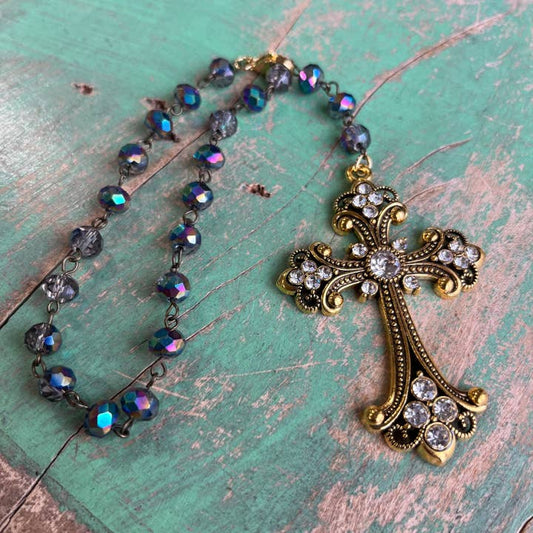 Jeweled Cross Car Blessing Rosary - Peacock