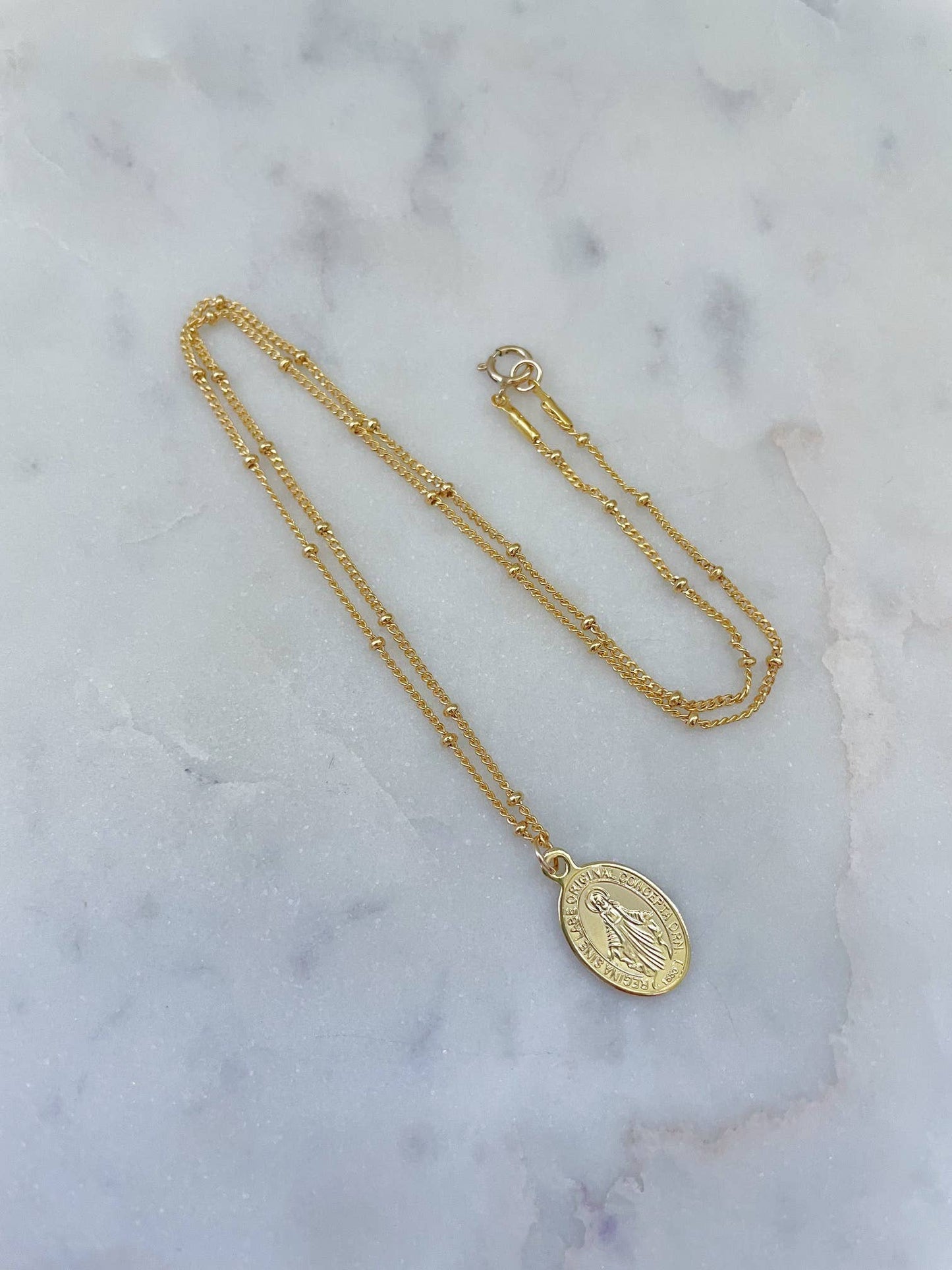 Gold Virgin Mary Necklace, Religious Jewelry Satellite Chain