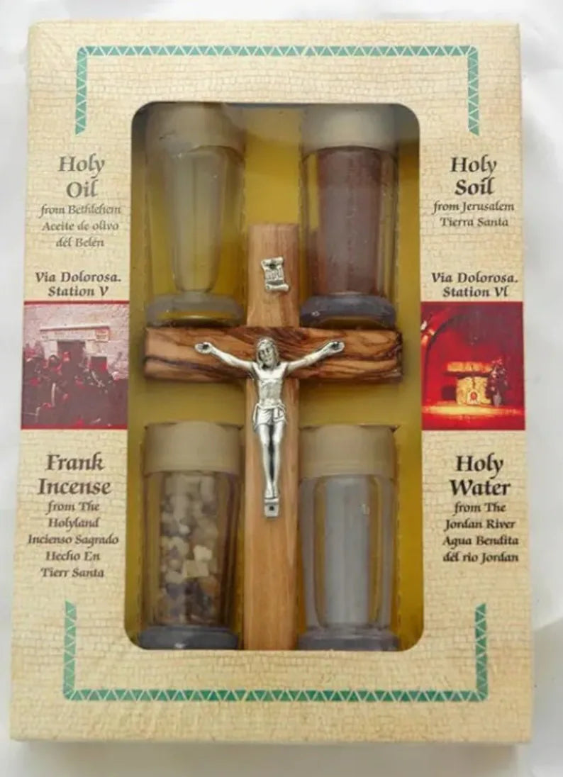 Wood Cross, Holy Oil, Holy Water, Holy Soil and Incense from Holy Land