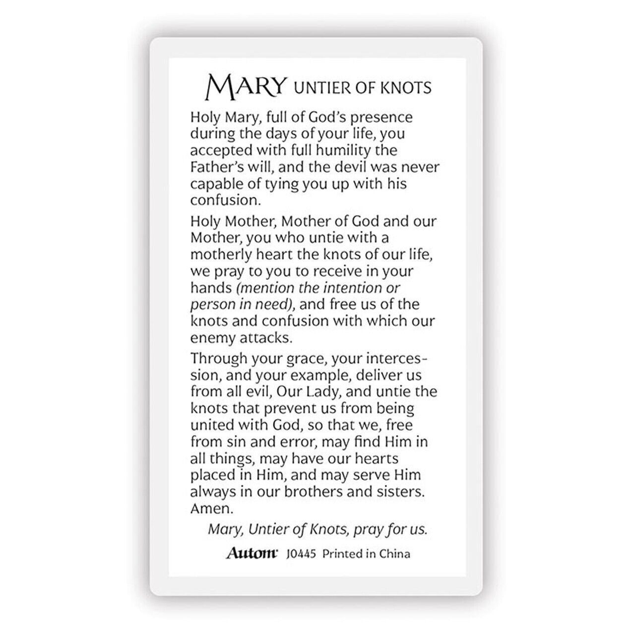 Mary Untier of Knots Holy Card